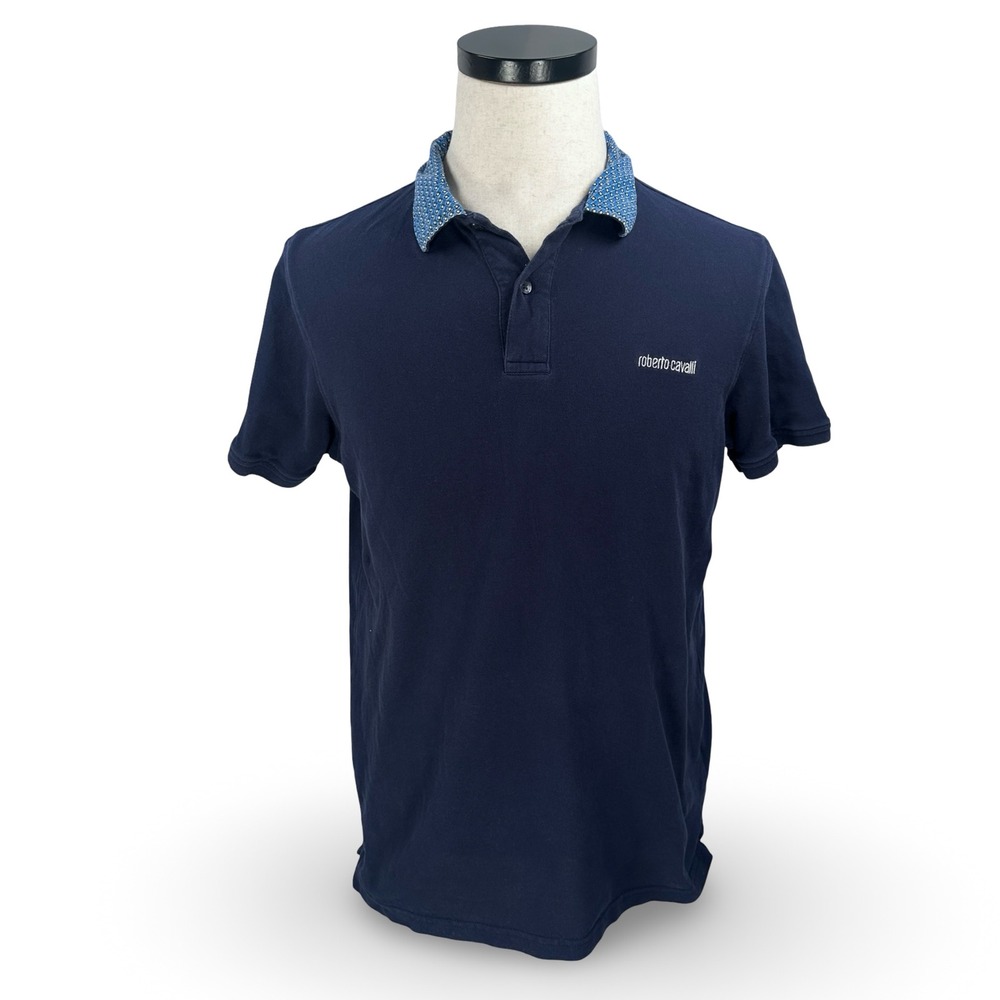 Roberto Cavalli Mens Navy Blue Polo Shirt Geometric Collar XL FSR682 JD064‎